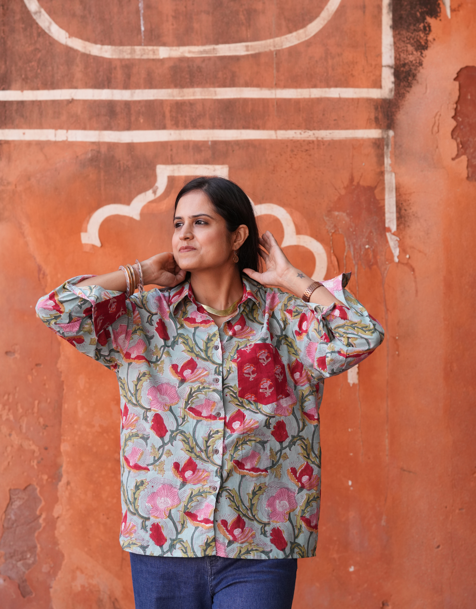 Lucknow Mugal Floral In Sky Cotton Oversized Shirt