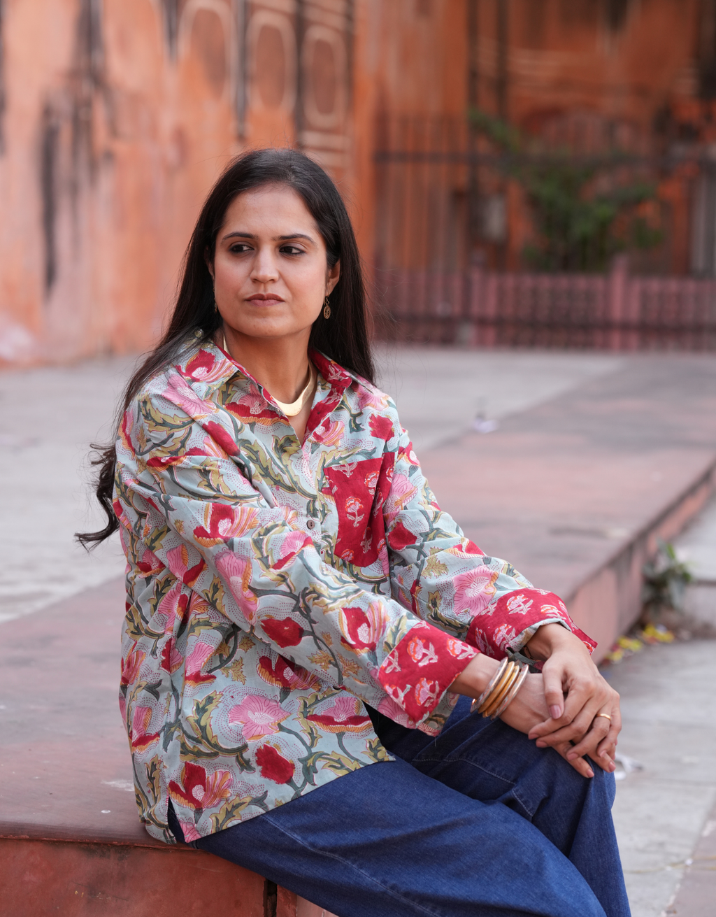 Lucknow Mugal Floral In Sky Cotton Oversized Shirt