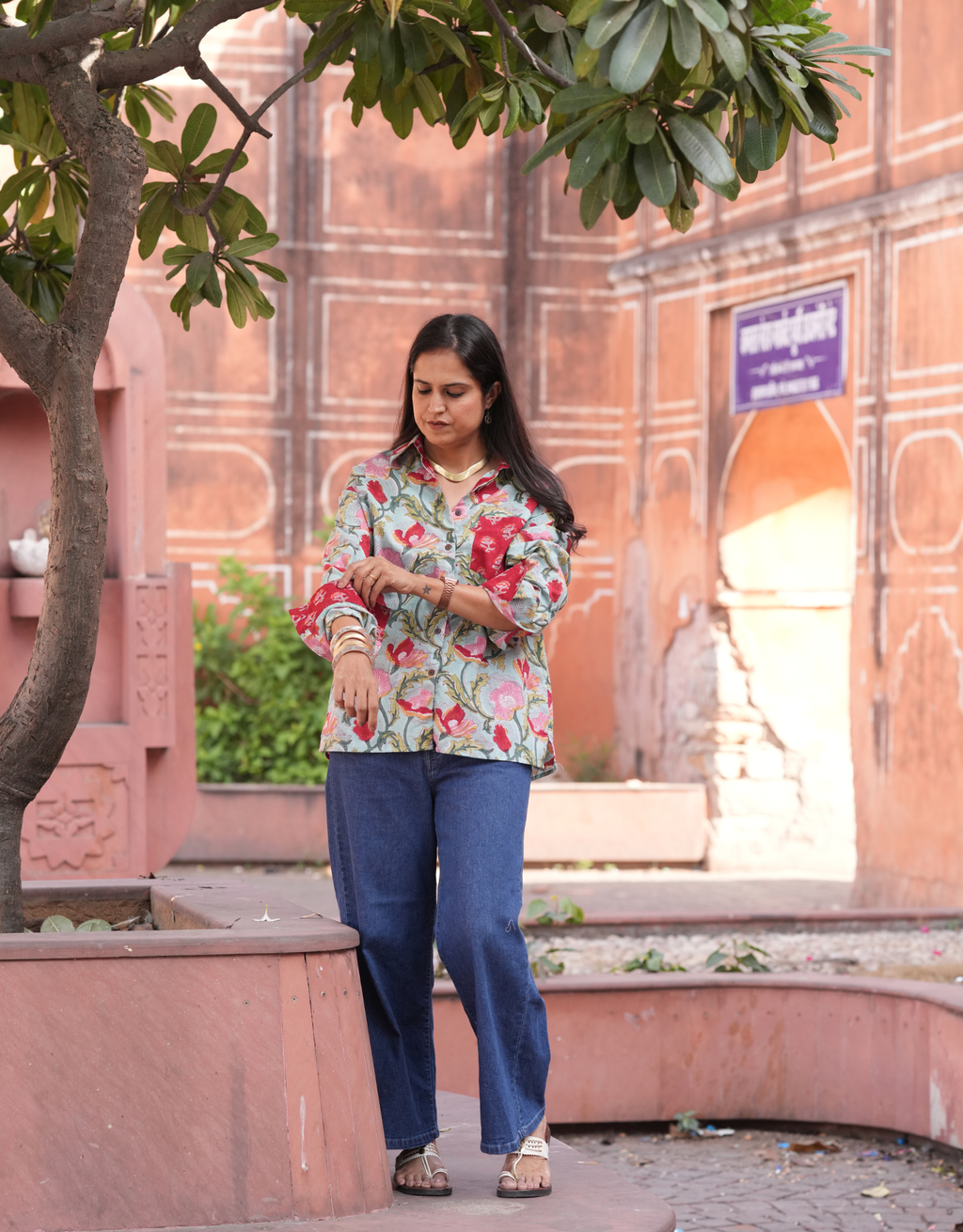 Lucknow Mugal Floral In Sky Cotton Oversized Shirt