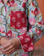 Lucknow Mugal Floral In Sky Cotton Oversized Shirt
