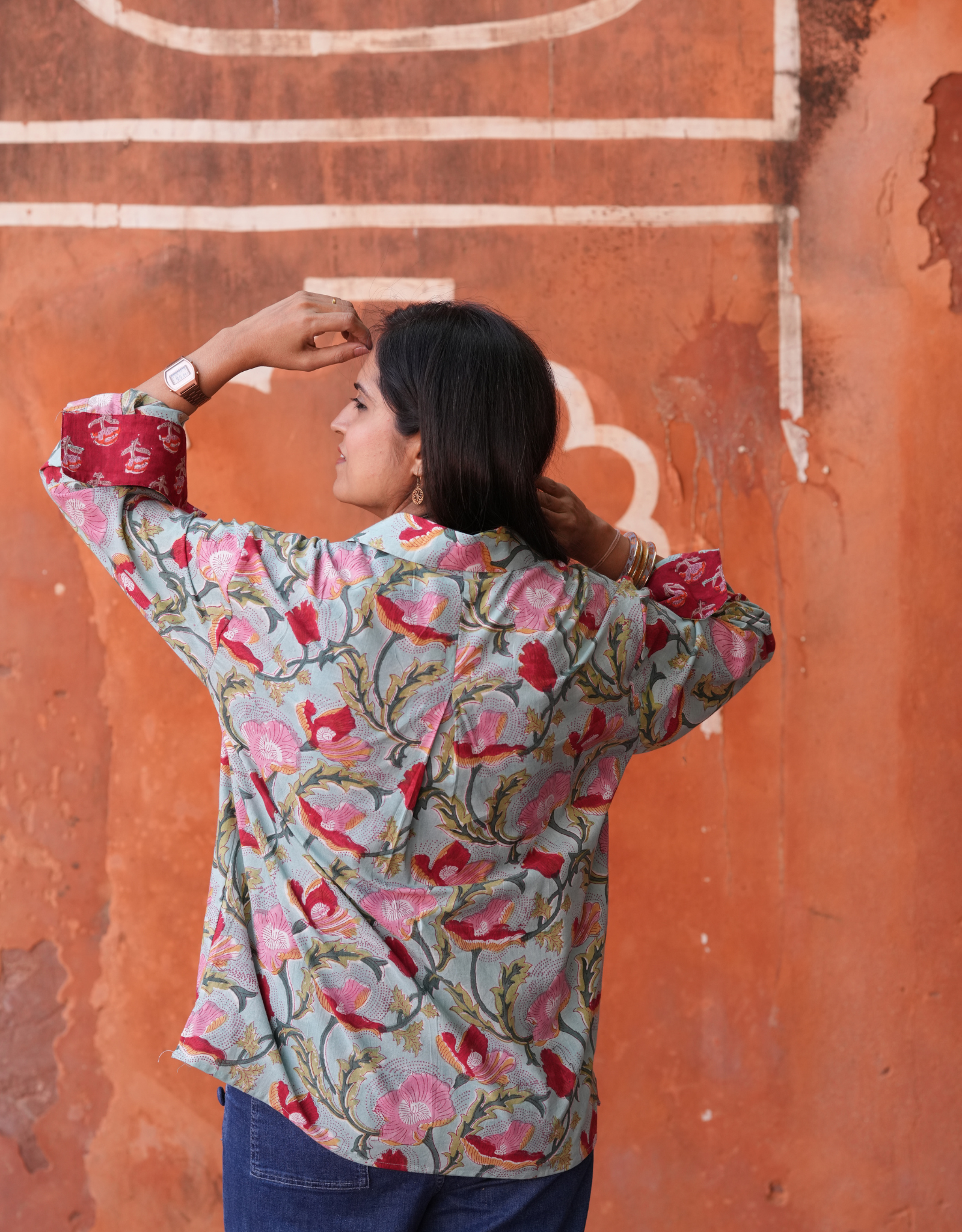 Lucknow Mugal Floral In Sky Cotton Oversized Shirt