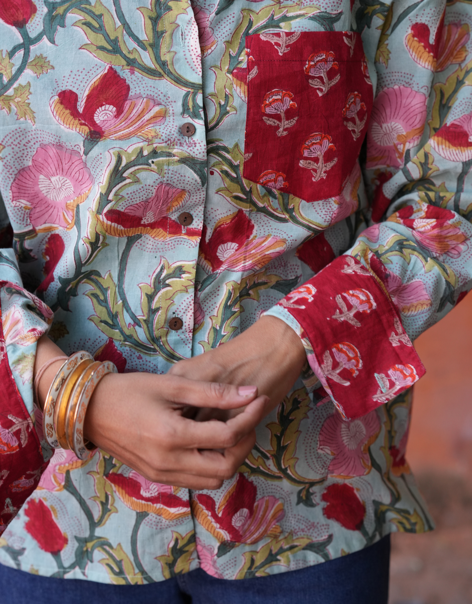 Lucknow Mugal Floral In Sky Cotton Oversized Shirt