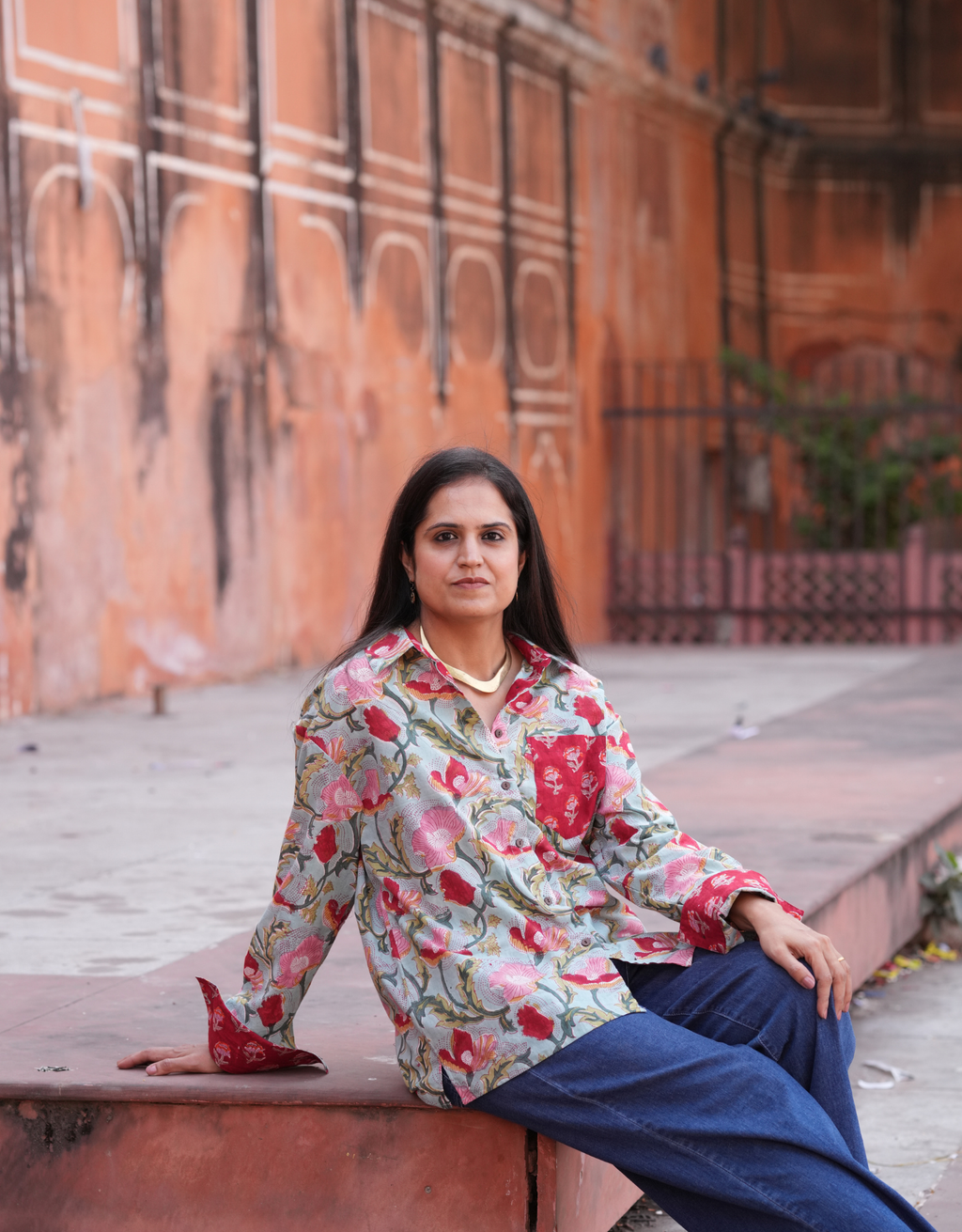 Lucknow Mugal Floral In Sky Cotton Oversized Shirt