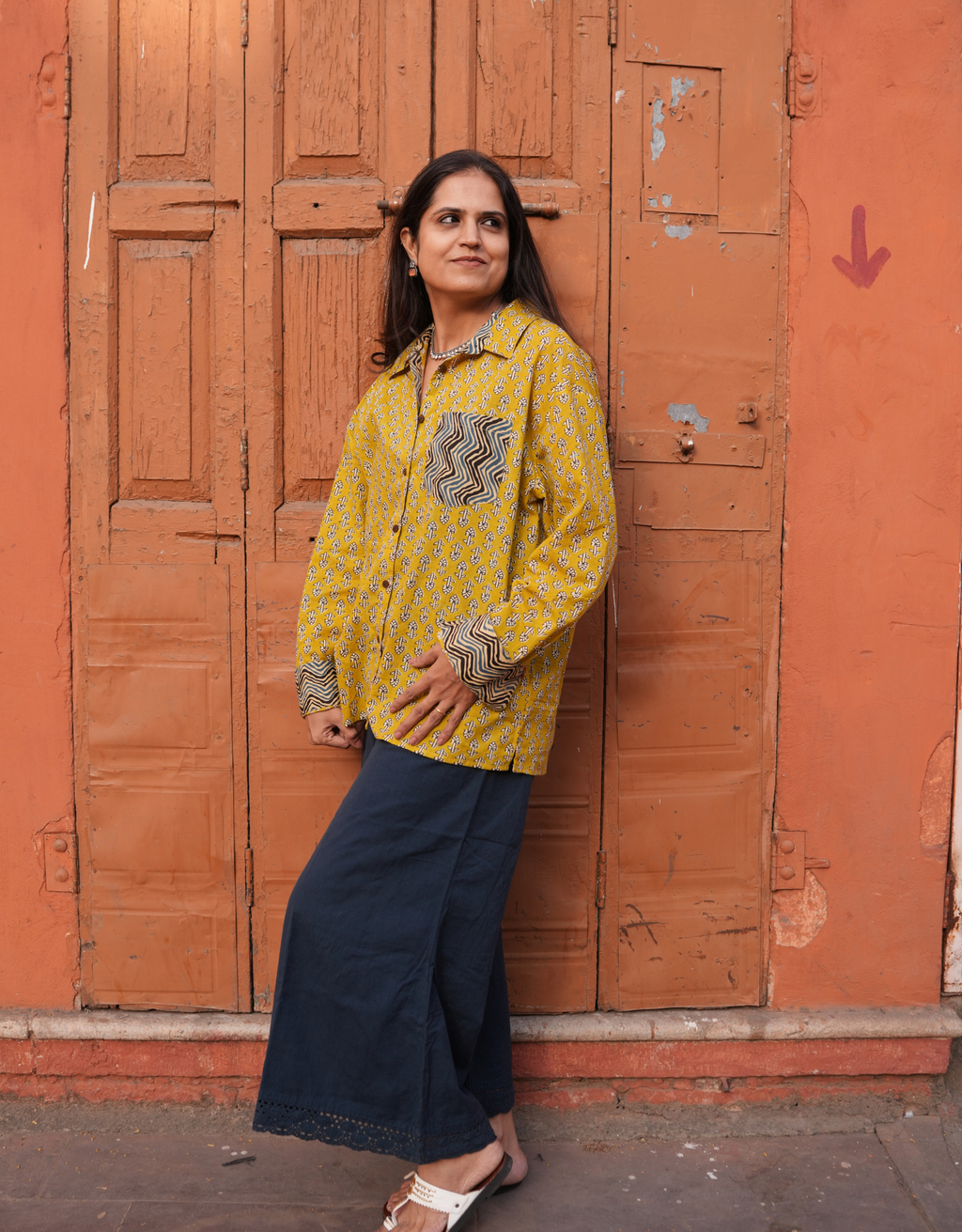 Punjabi Mustard Butti Cotton Oversized Shirt