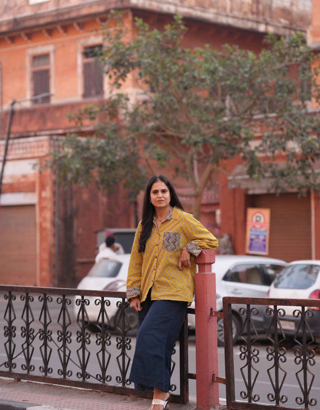 Punjabi Mustard Butti Cotton Oversized Shirt