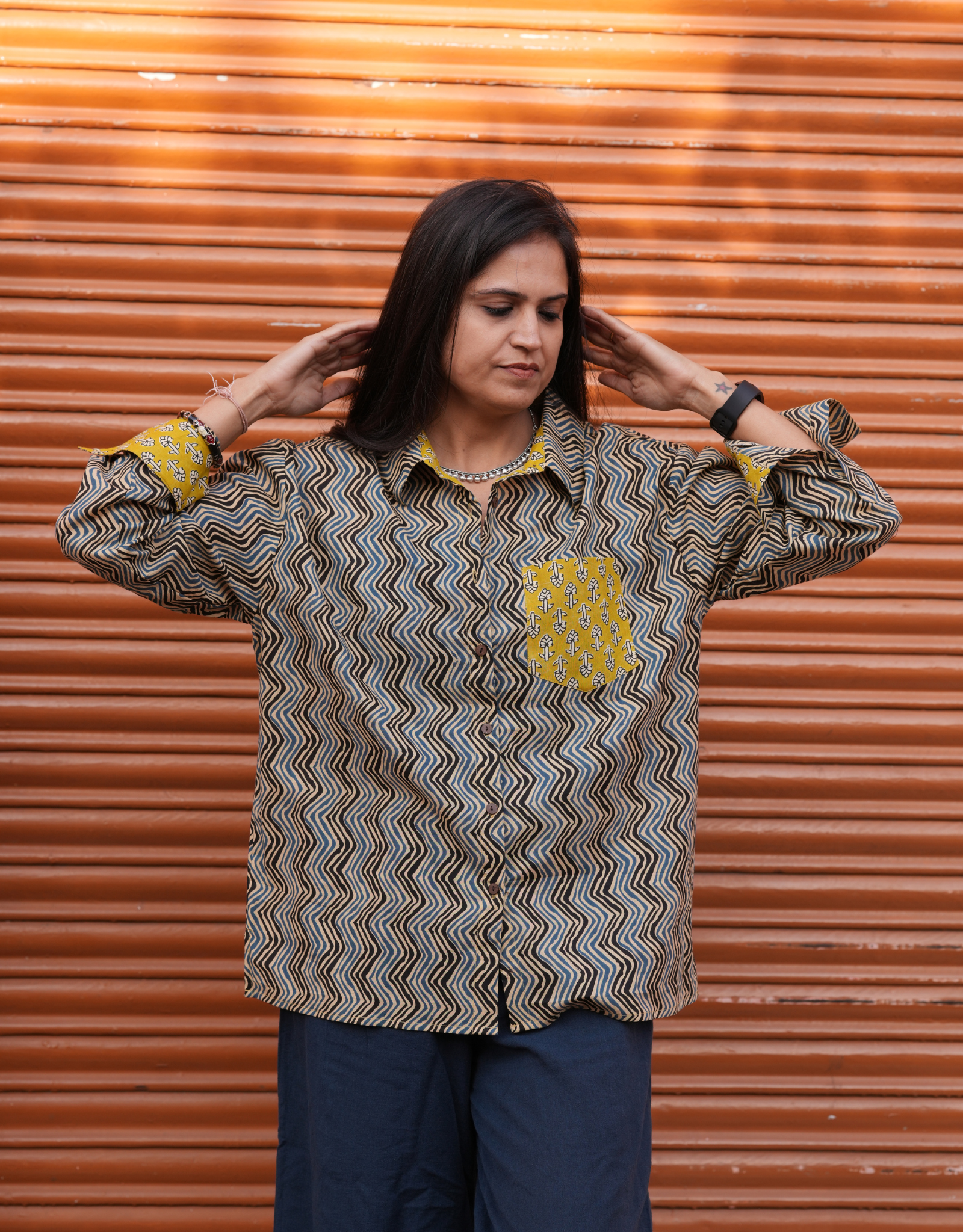 Punjabi Mustard Zigzag Cotton Oversized Shirt