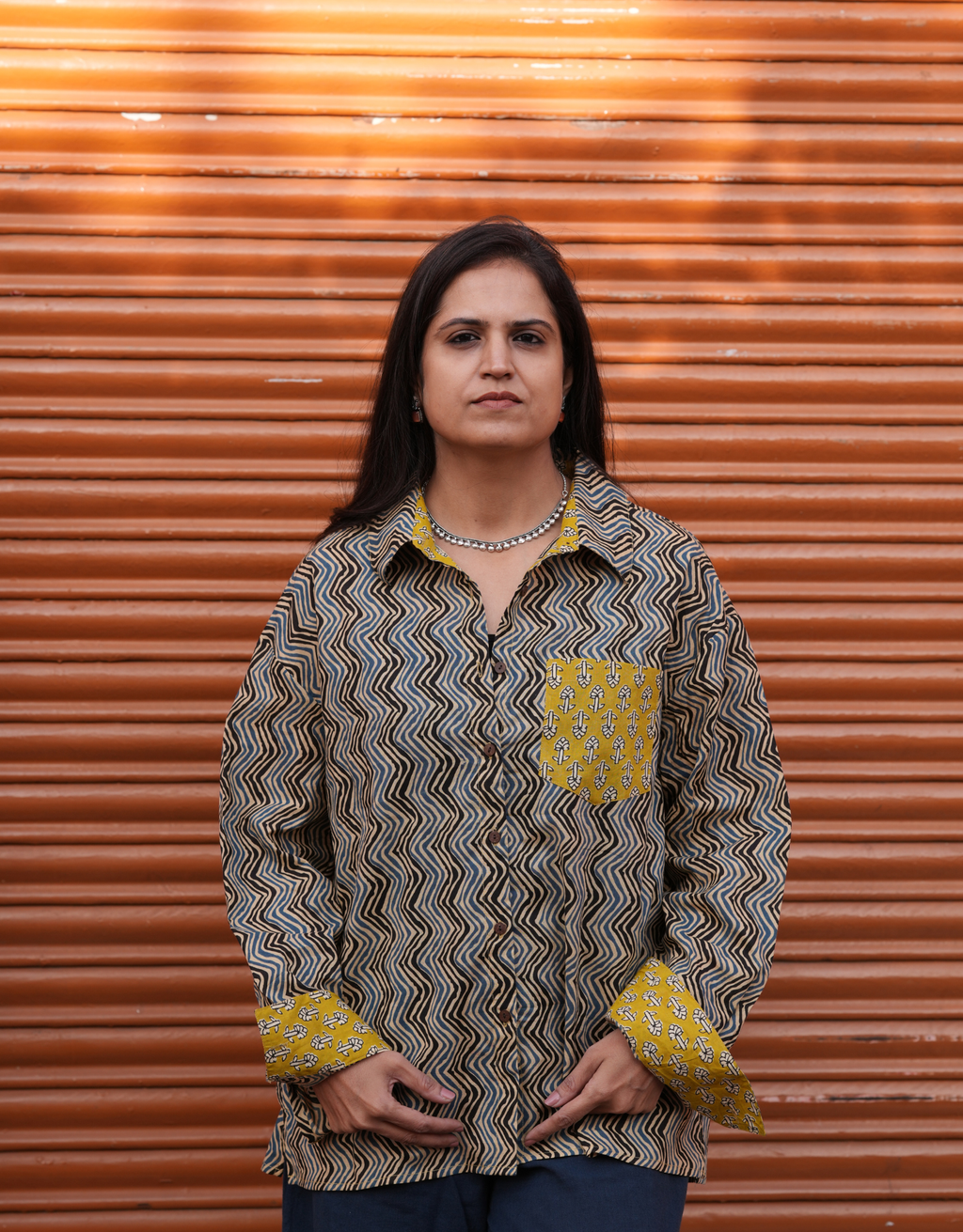 Punjabi Mustard Zigzag Cotton Oversized Shirt