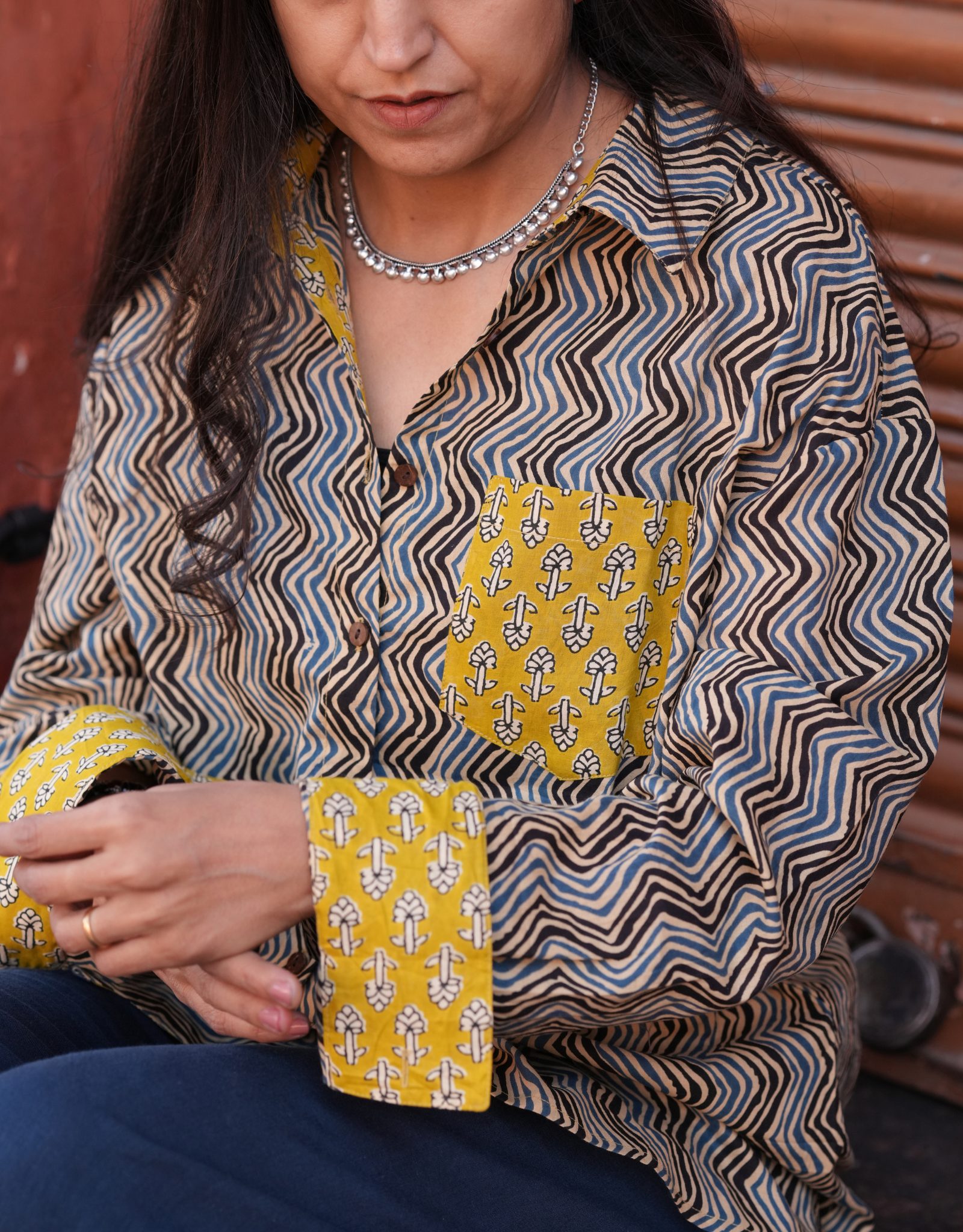 Punjabi Mustard Zigzag Cotton Oversized Shirt