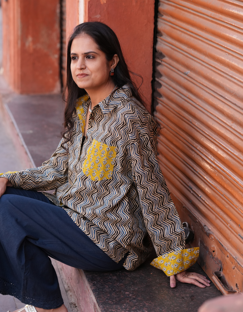 Punjabi Mustard Zigzag Cotton Oversized Shirt