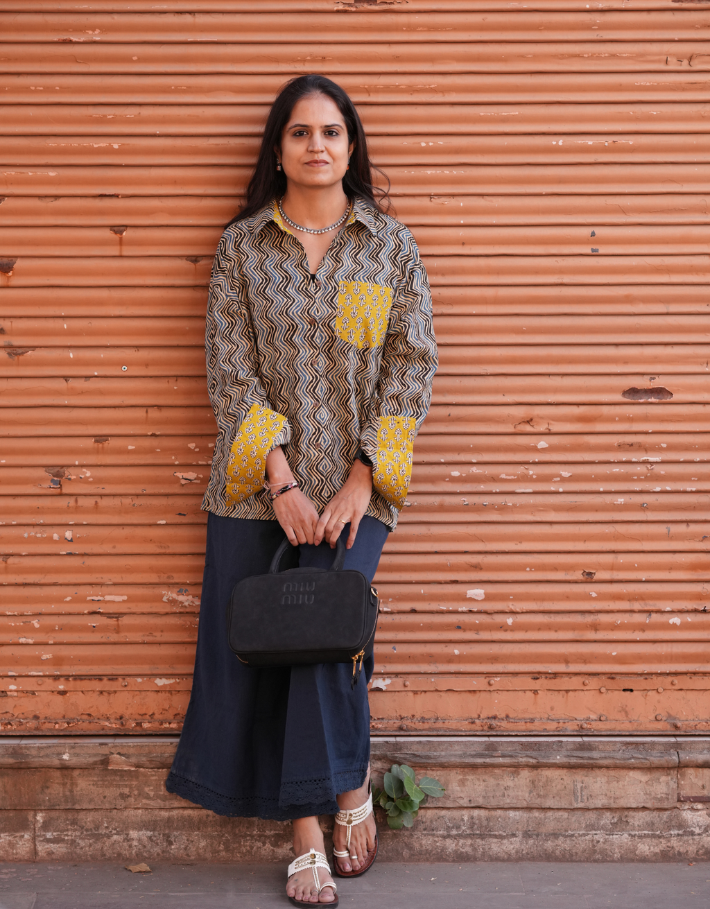 Punjabi Mustard Zigzag Cotton Oversized Shirt