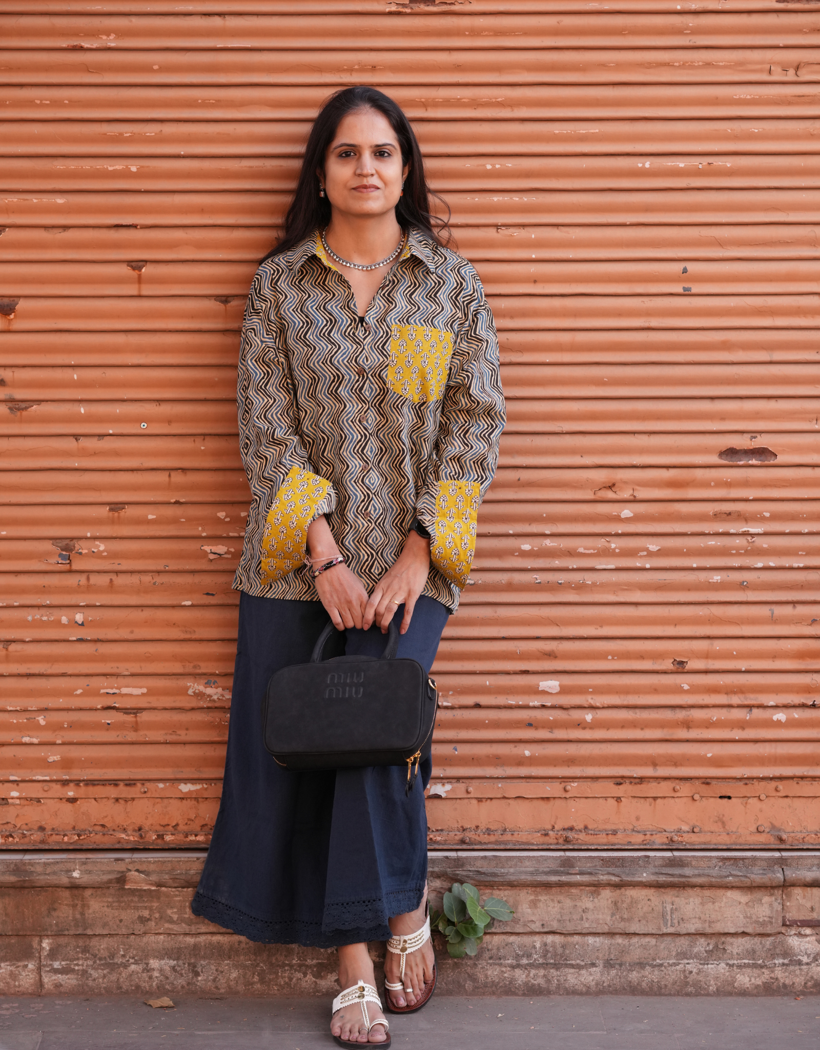 Punjabi Mustard Zigzag Cotton Oversized Shirt