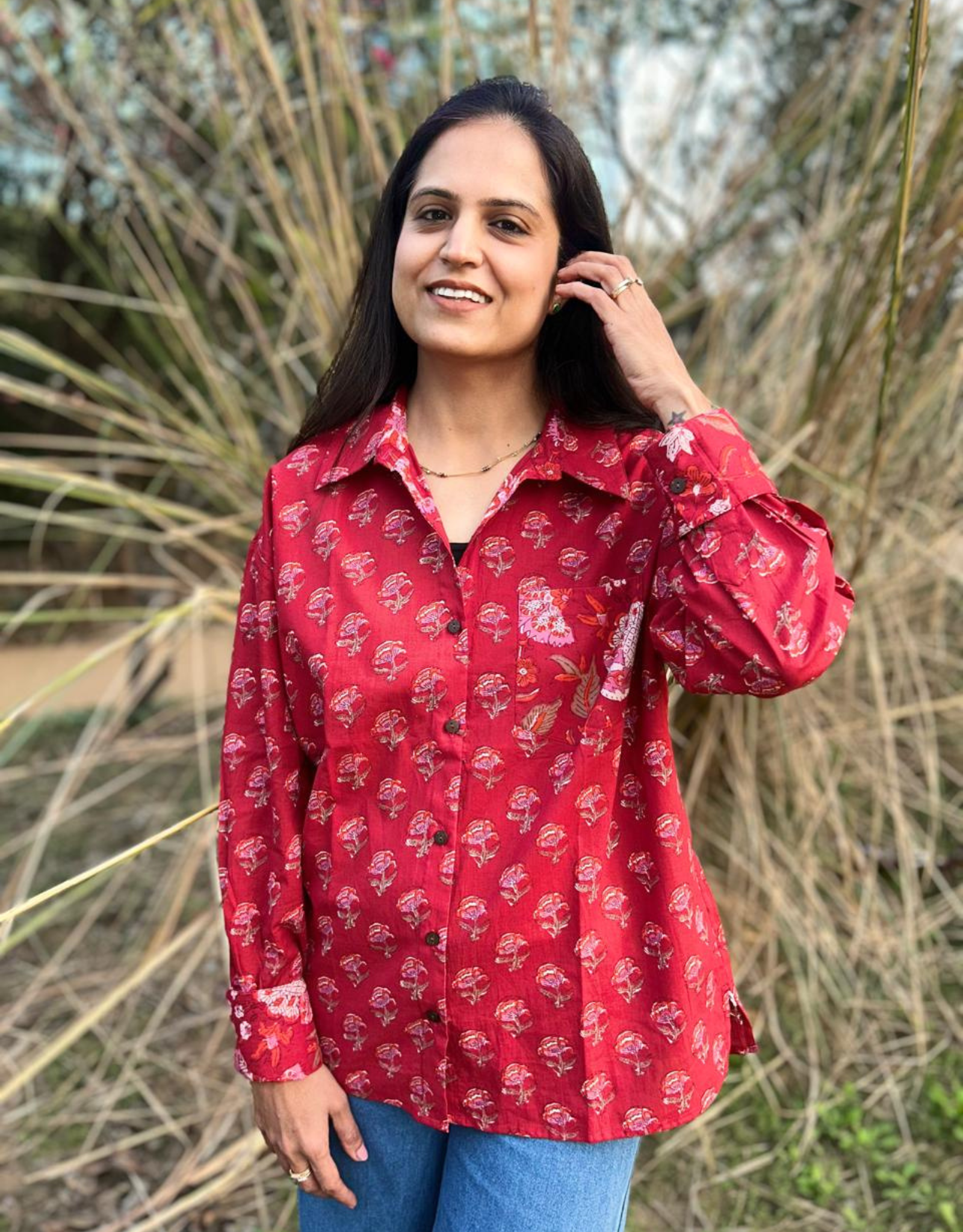 Red Gulmohar Cotton Oversized Shirt