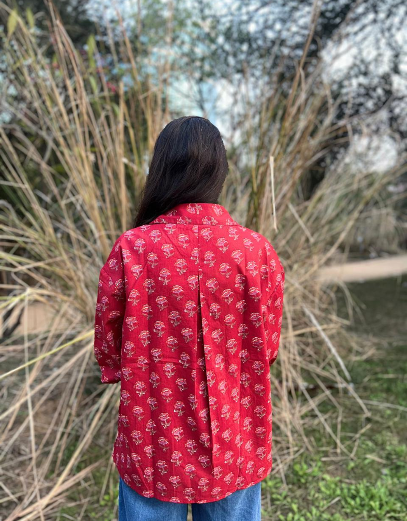 Red Gulmohar Cotton Oversized Shirt