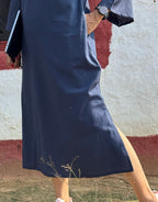 Blue Side Slit Solid Cotton Flex Regular Fit Dress
