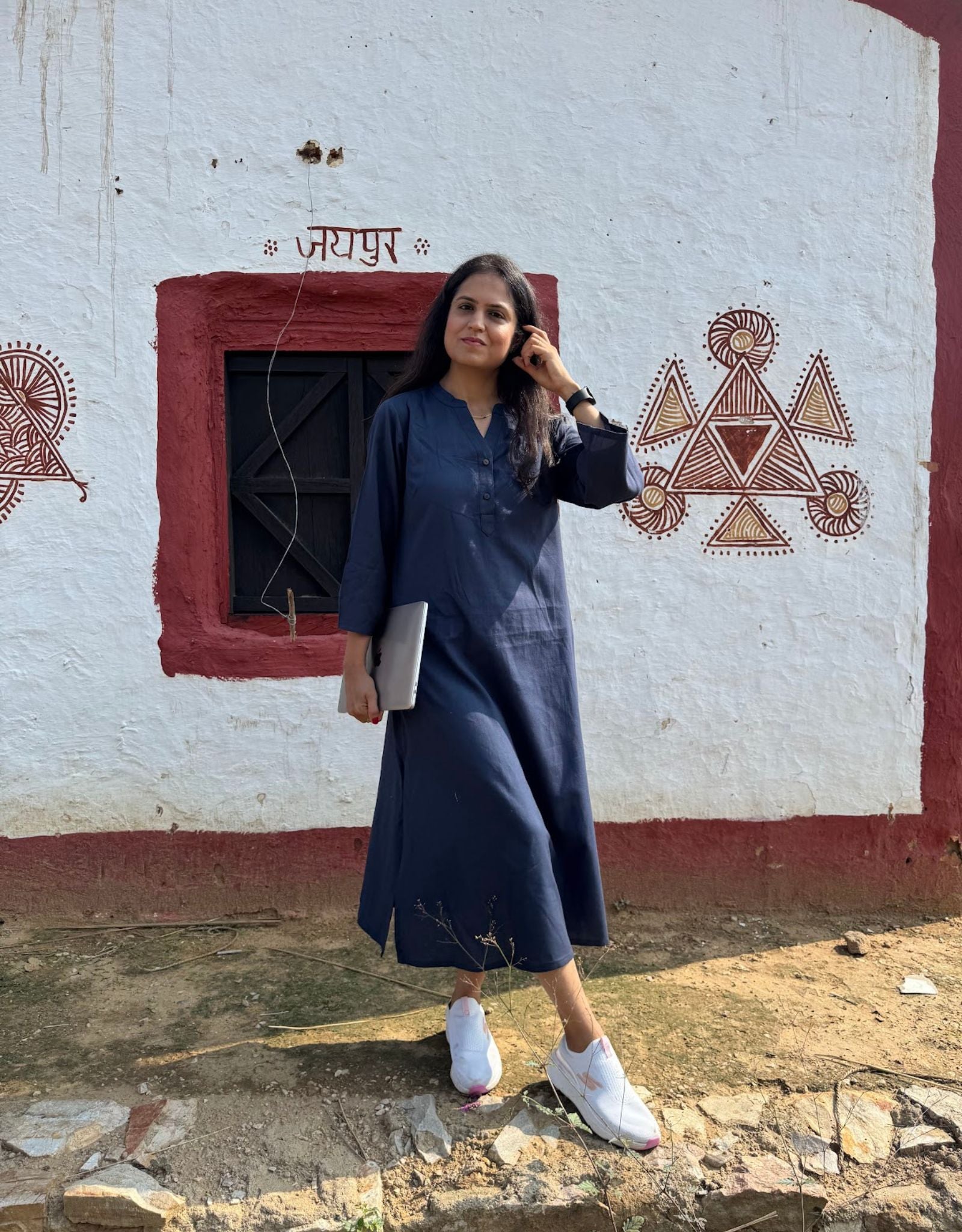 Blue Slid Slit Solid Cotton Flex Regular Fit Dress