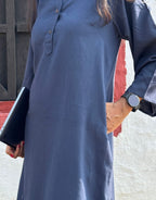 Blue Side Slit Solid Cotton Flex Regular Fit Dress