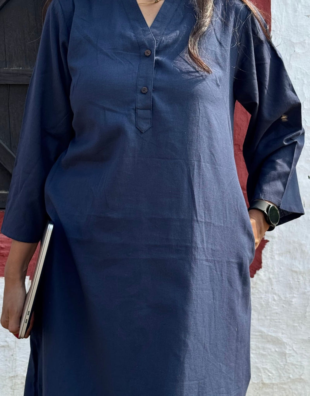 Blue Slid Slit Solid Cotton Flex Regular Fit Dress