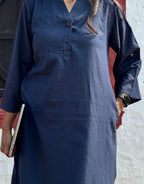 Blue Side Slit Solid Cotton Flex Regular Fit Dress