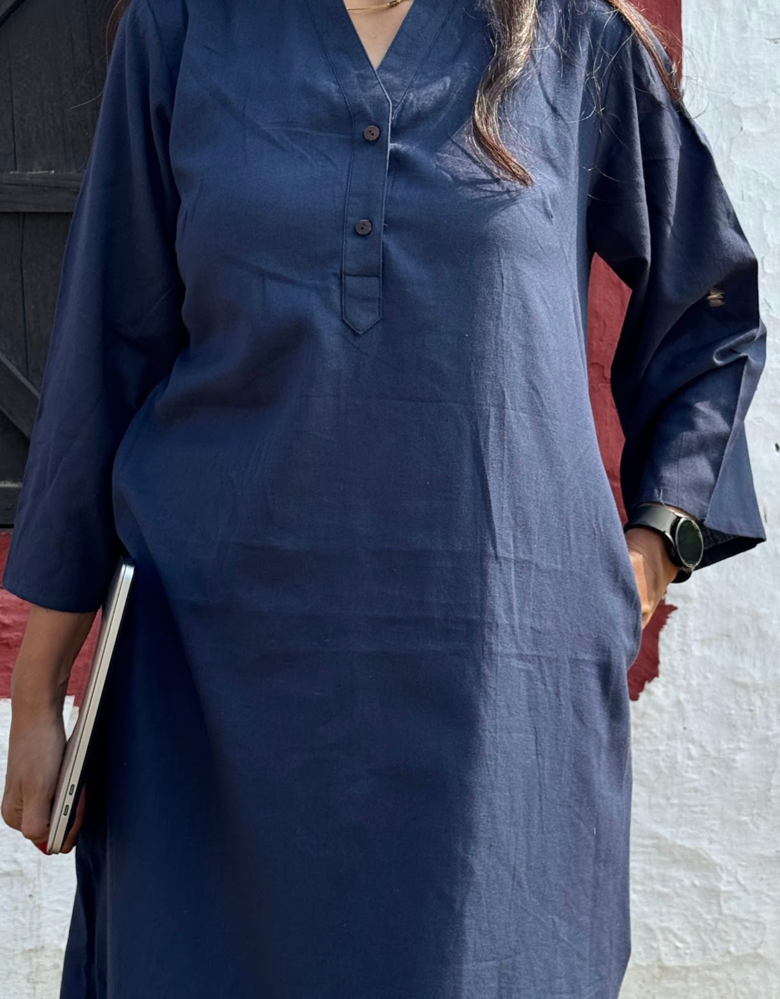 Blue Slid Slit Solid Cotton Flex Regular Fit Dress