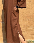 Brown Side Slit Solid Cotton Flex Regular Fit Dress