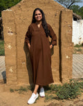Brown Side Slit Solid Cotton Flex Regular Fit Dress