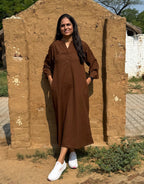 Brown Side Slit Solid Cotton Flex Regular Fit Dress