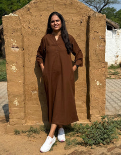 Brown Side Slit Solid Cotton Flex Regular Fit Dress