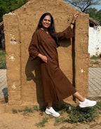 Brown Side Slit Solid Cotton Flex Regular Fit Dress