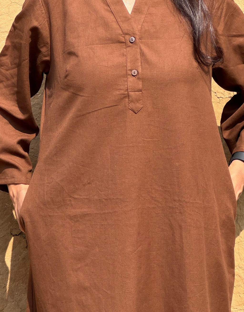 Brown Slid Slit Solid Cotton Flex Regular Fit Dress