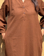 Brown Side Slit Solid Cotton Flex Regular Fit Dress