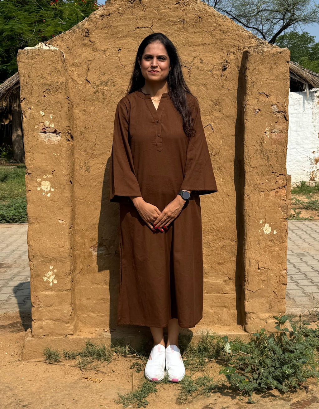 Brown Slid Slit Solid Cotton Flex Regular Fit Dress