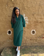 Dark Green Side Slit Solid Cotton Flex Regular Fit Dress