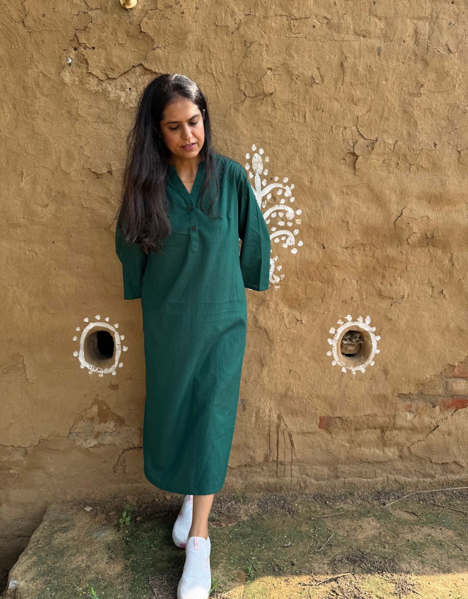 Dark Green Slid Slit Solid Cotton Flex Regular Fit Dress