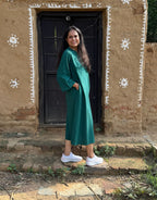 Dark Green Side Slit Solid Cotton Flex Regular Fit Dress