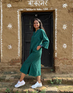 Dark Green Side Slit Solid Cotton Flex Regular Fit Dress