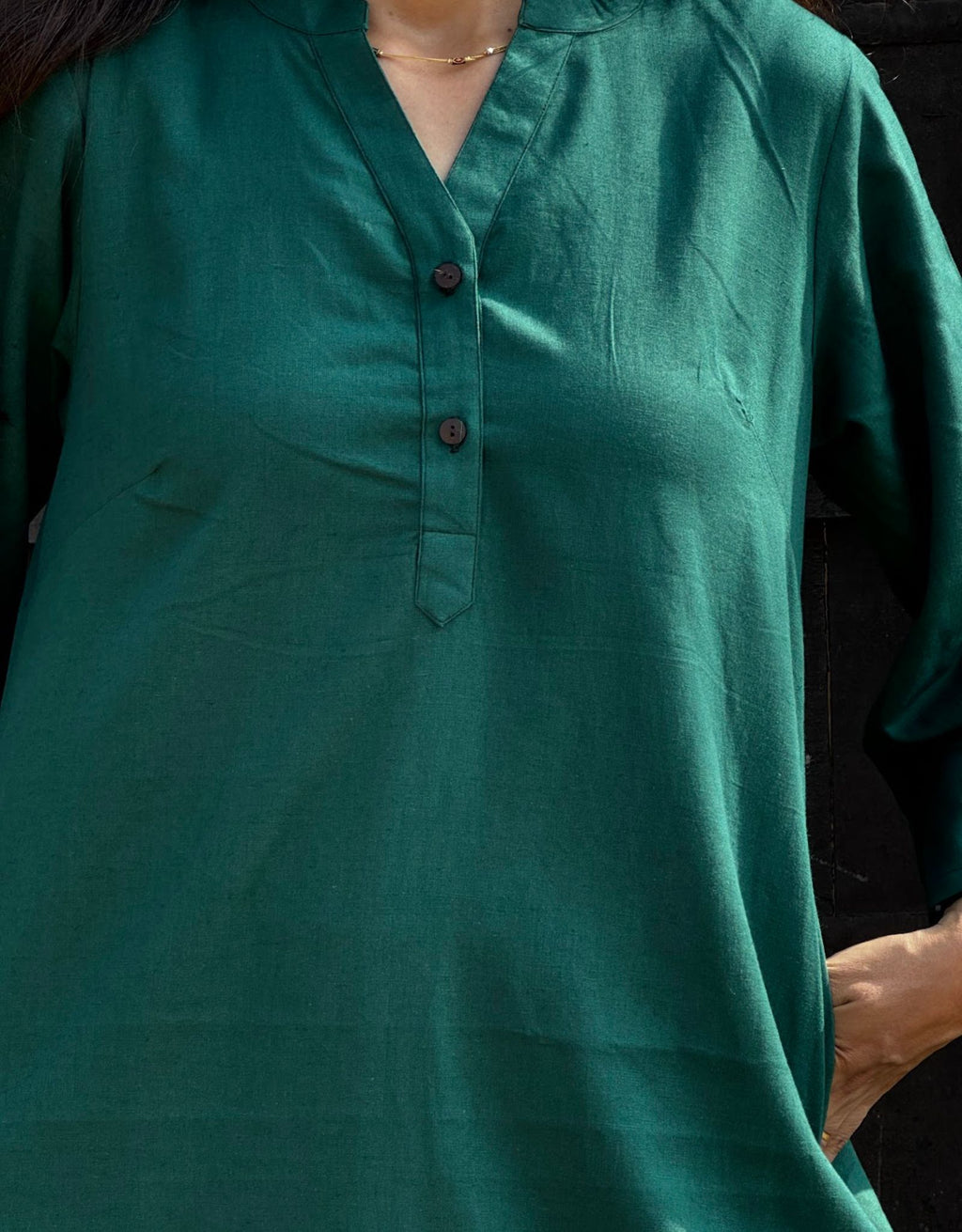 Dark Green Slid Slit Solid Cotton Flex Regular Fit Dress