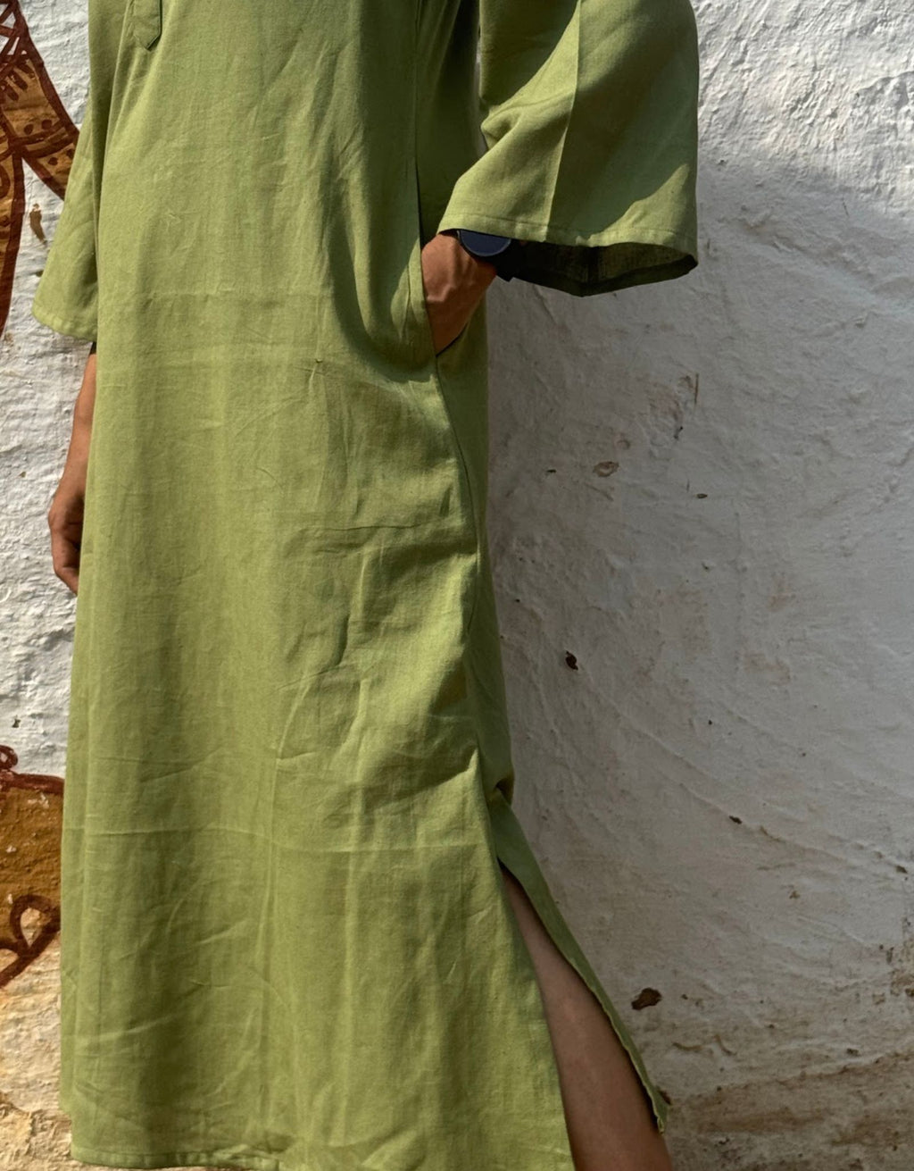 Light Green Slid Slit Solid Cotton Flex Regular Fit Dress