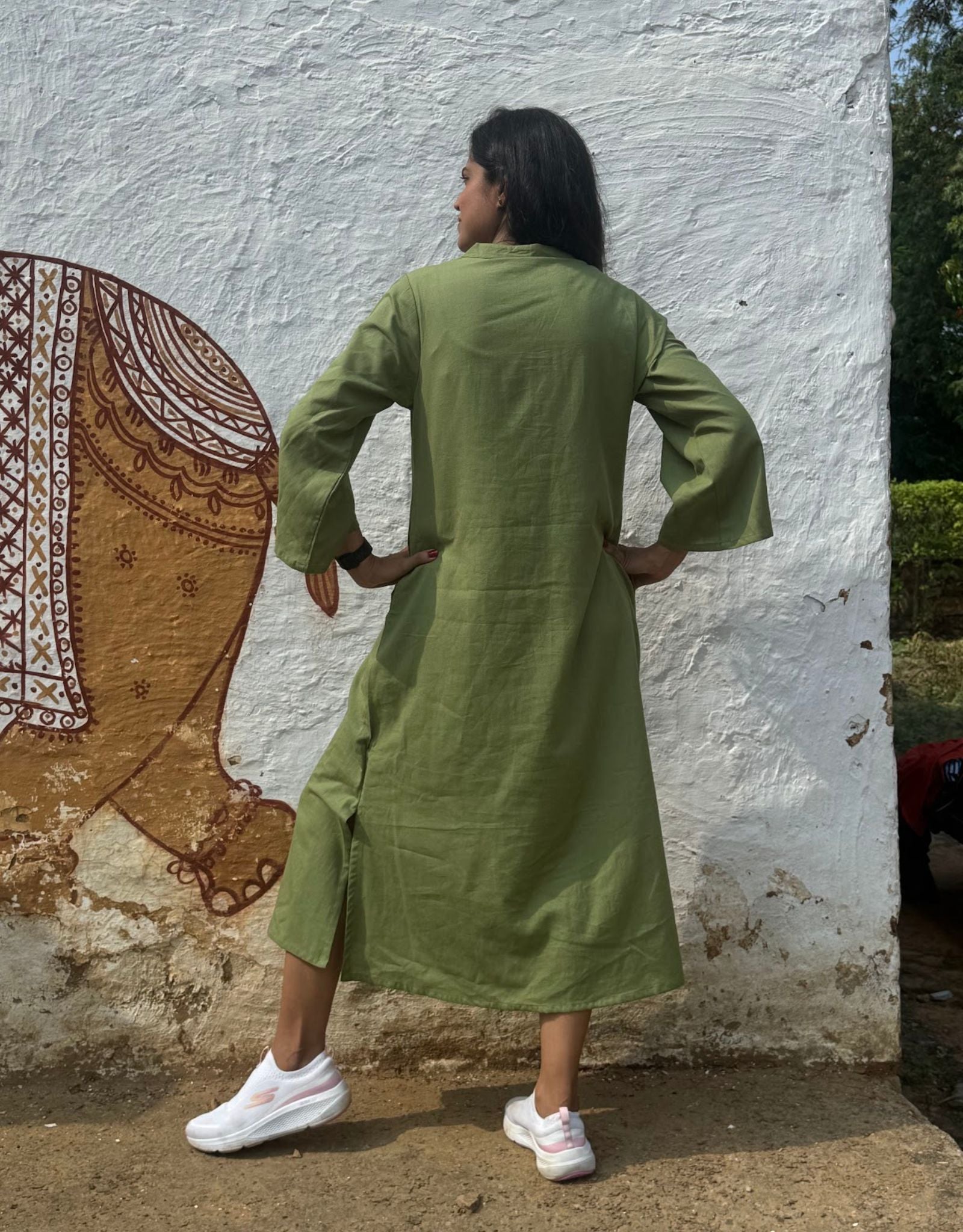Light Green Slid Slit Solid Cotton Flex Regular Fit Dress