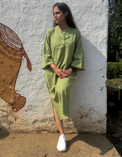 Light Green Side Slit Solid Cotton Flex Regular Fit Dress