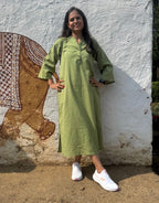Light Green Side Slit Solid Cotton Flex Regular Fit Dress