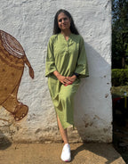 Light Green Side Slit Solid Cotton Flex Regular Fit Dress