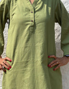 Light Green Side Slit Solid Cotton Flex Regular Fit Dress