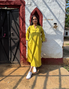 Lime Green Side Slit Solid Cotton Flex Regular Fit Dress