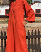 Rust Side Slit Solid Cotton Flex Regular Fit Dress