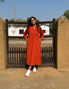 Rust Side Slit Solid Cotton Flex Regular Fit Dress