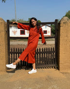 Rust Side Slit Solid Cotton Flex Regular Fit Dress