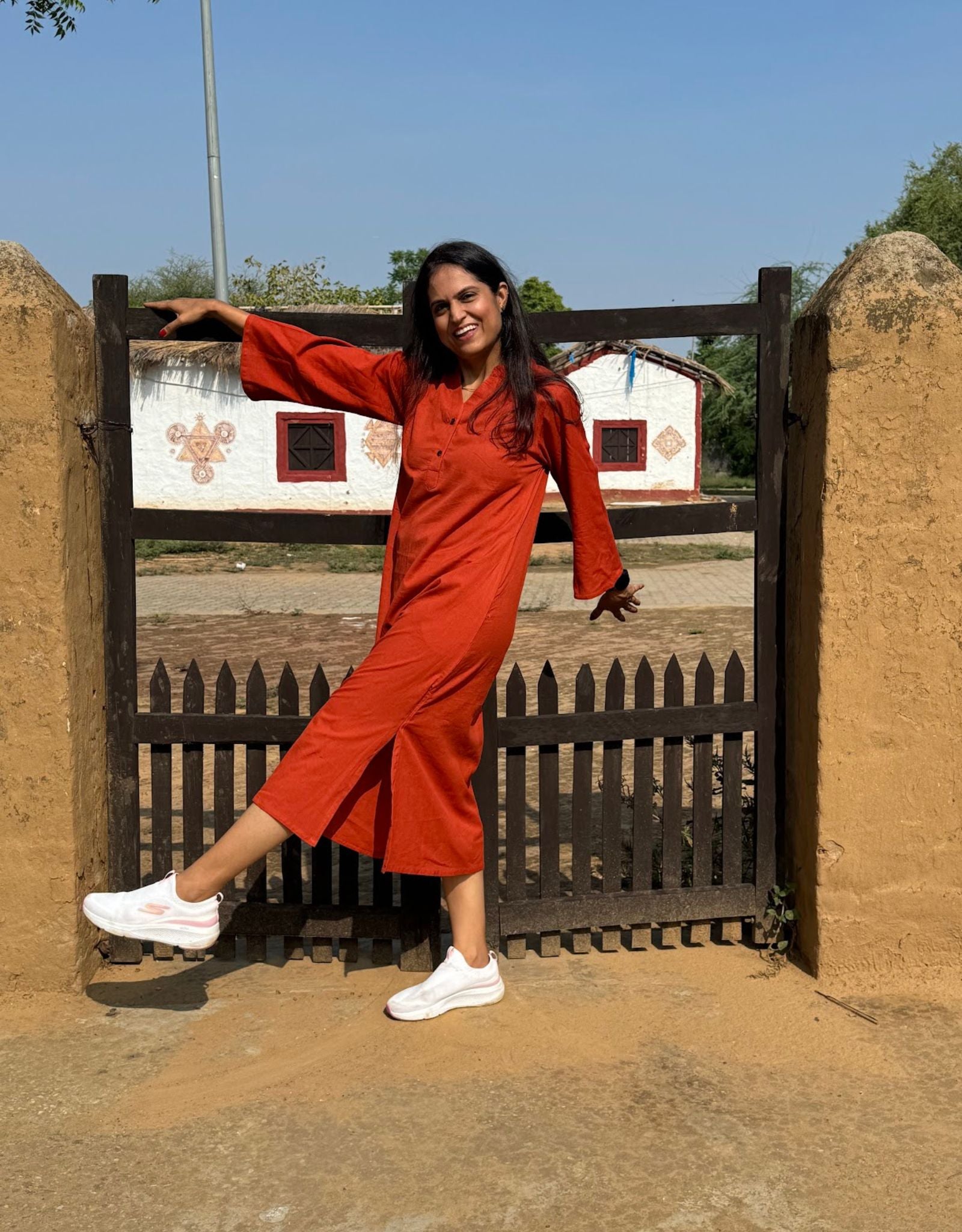 Rust Slid Slit Solid Cotton Flex Regular Fit Dress