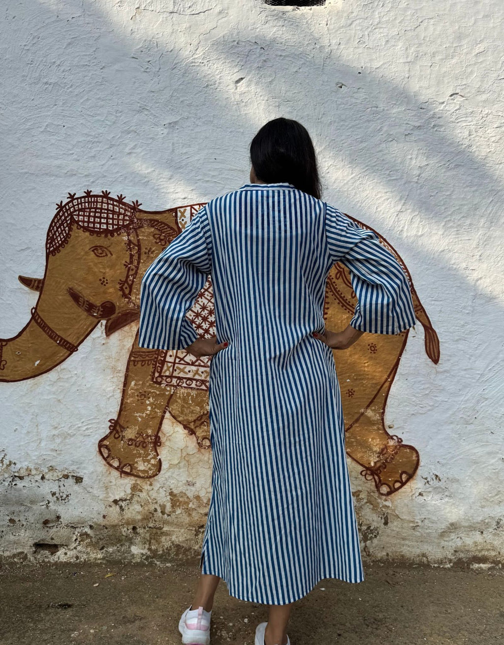 Blue Slid Slit Striped Cotton Flex Regular Fit Dress