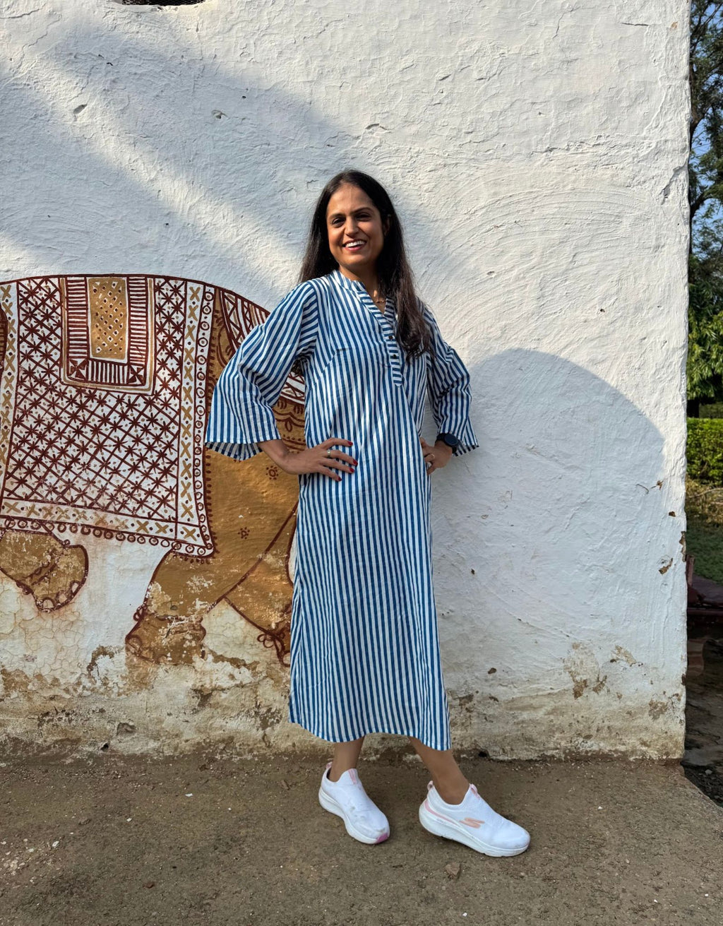 Blue Slid Slit Striped Cotton Flex Regular Fit Dress