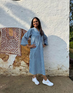 Blue Side Slit Striped Cotton Cambric Regular Fit Dress
